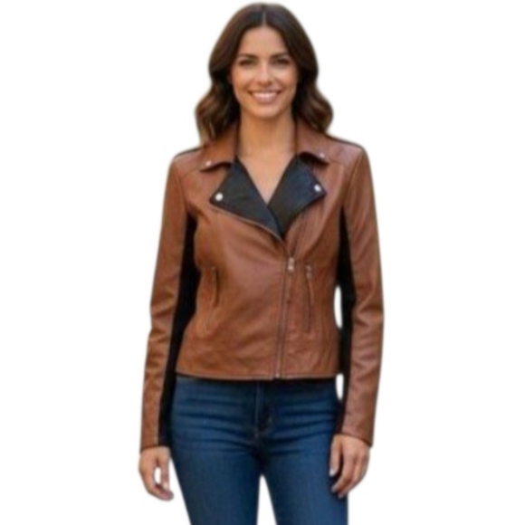 New Look Jackets & Blazers - NEW LOOK COGNAC & BLACK MOTO JACKET SZ.L EUC.